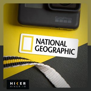 دو استیکر ضد آب آفرود با طرح "National Geographic" و پس‌زمینه سفید، مناسب برای لپ‌تاپ