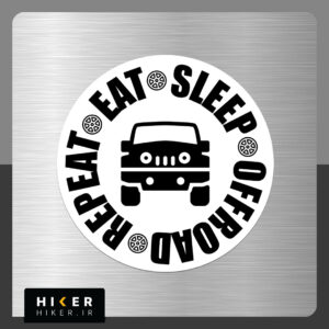 استیکر شیشه عقب آفرود دایره‌ای با طرح ماشین جیپ و نوشته "Eat, Sleep, Offroad, Repeat"