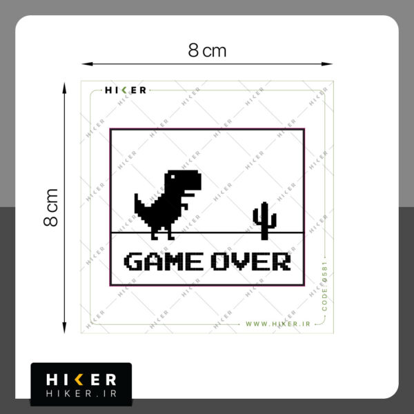 استیکر بازی دایناسور گوگل کروم با متن GAME OVER، با طراحی پیکسلی در پس‌زمینه سفید – مناسب برای عاشقان دنیای دیجیتال و برنامه‌نویسی