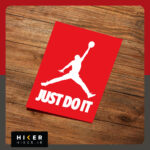 استیکر طرح جامپ‌من و شعار "JUST DO IT" در پس‌زمینه قرمز – مناسب برای طرفداران بسکتبال و سبک ورزشی