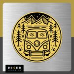 استیکر بزرگ با طرح ون کمپینگ در طبیعت با پس‌زمینه زرد و کوه و درخت مشکی – مناسب برای سفر و آفرود