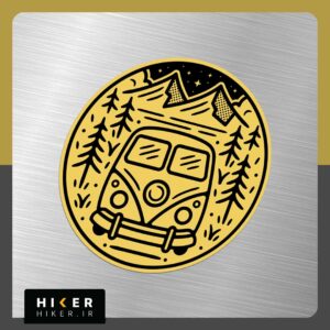 استیکر بزرگ با طرح ون کمپینگ در طبیعت با پس‌زمینه زرد و کوه و درخت مشکی – مناسب برای سفر و آفرود