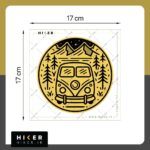 استیکر بزرگ با طرح ون کمپینگ در طبیعت با پس‌زمینه زرد و کوه و درخت مشکی – مناسب برای سفر و آفرود