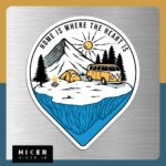 استیکر سایز بزرگ با طرح ون و چادر و کوه در بین پین نقشه