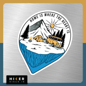 استیکر سایز بزرگ با طرح ون و چادر و کوه در بین پین نقشه