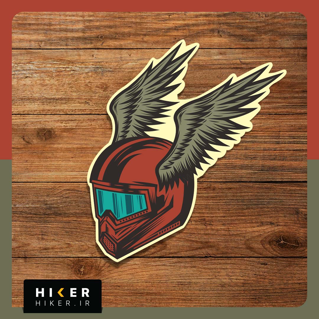 Hiker-Sticker-0752-01 استیکر طرح کلاه موتورسواری قرمز با عینک فیروزهای و دو بال بزرگ در طرفین، با سبک گرافیکی.