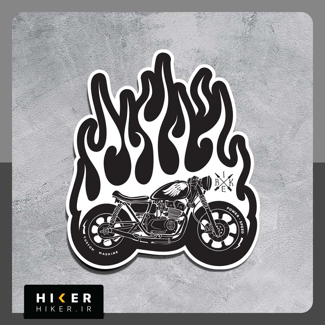 Hiker-Sticker-0753-01 استیکر موتورسیکلت کافه ریسر با طراحی شعلههای آتش، مناسب علاقهمندان به موتورسواری، موتورسیکلتهای کلاسیک، کافه ریسر و استایل وینتیج