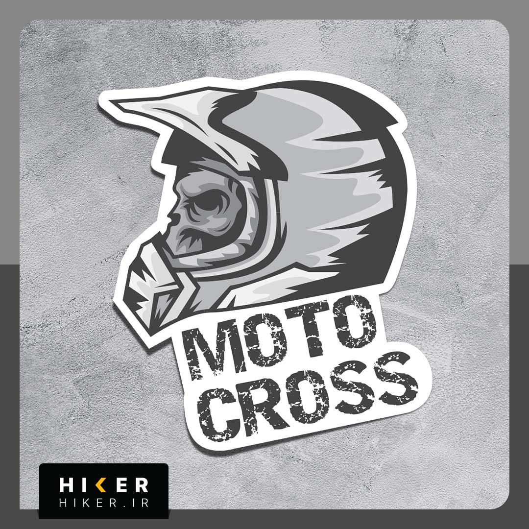 Hiker-Sticker-0754-01 استیکر طرح کلاه ایمنی موتورکراس با تصویر اسکلت و نوشته Moto Cross، مناسب علاقهمندان به موتورسواری آفرود، موتورکراس، اندورو و ورزشهای هیجانانگیز.