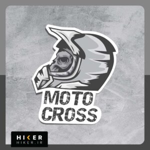 استیکر طرح کلاه ایمنی موتورکراس با تصویر اسکلت و نوشته Moto Cross، مناسب علاقه‌مندان به موتورسواری آفرود، موتورکراس، اندورو و ورزش‌های هیجان‌انگیز، ضد آب و ضد خش
