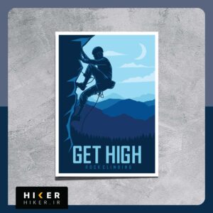استیکر طرح سنگنورد در حال صعود از دیواره با نوشته Get High، مناسب علاقه‌مندان به سنگنوردی، کوهنوردی، صعود ورزشی، طبیعت‌گردی و ماجراجویی در فضای باز.