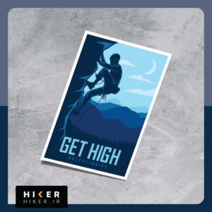 استیکر طرح سنگنورد در حال صعود از دیواره با نوشته Get High، مناسب علاقه‌مندان به سنگنوردی، کوهنوردی، صعود ورزشی، طبیعت‌گردی و ماجراجویی در فضای باز.