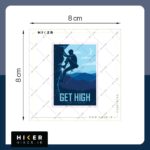 استیکر طرح سنگنورد در حال صعود از دیواره با نوشته Get High، مناسب علاقه‌مندان به سنگنوردی، کوهنوردی، صعود ورزشی، طبیعت‌گردی و ماجراجویی در فضای باز.
