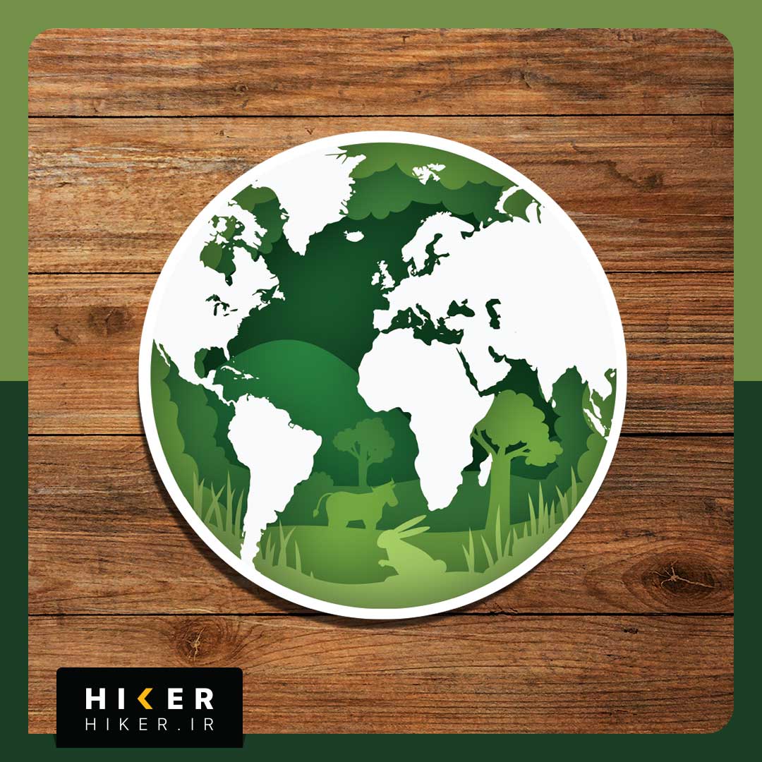 Hiker-Sticker-0766-01 استیکر محیط زیستی با طرح نقشه قارههای جهان و لایههای گرافیکی از طبیعت سبز، درختان و سایهروشن حیاتوحش (شامل گوزن و خرگوش)، مناسب طبیعتگردان