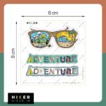 استیکر سفر و ماجراجویی فانتزی شامل استیکر عینک آفتابی ترکیبی کوه و ساحل دریا و استیکر کلمه Adventure با تم سبز و کرم مناسب برای تزیین وسایل سفر و لپ‌تاپ.