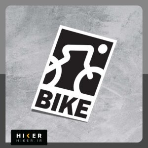 استیکر دوچرخه کوهستان به رنگ سیاه و سفید با طرح مینی‌مالیستی از دوچرخه‌سوار و کلمه BIKE مناسب برای تزیین بدنه دوچرخه، لپ‌تاپ, خودرو و کلاه ایمنی.