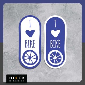 پکیج دو عددی استیکر کپسولی‌شکل با تم رنگی آبی و سفید که حاوی عبارت انگلیسی I Love Bike (با نماد قلب) و طرح وکتور چرخ و پره‌های دوچرخه در قسمت پایینی است.