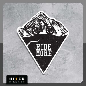 استیکر دوچرخه‌سوار کوهستان در مسیر صخره‌ای با پس‌زمینه قله‌های بلند و عبارت Ride More مناسب تنه دوچرخه و کلاه دوچرخه