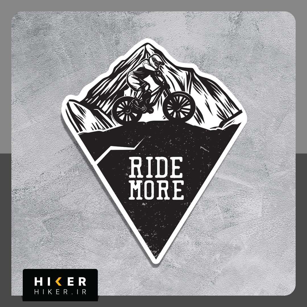 Hiker-Sticker-0773-01 استیکر دوچرخهسوار کوهستان در مسیر صخرهای با پسزمینه قلههای بلند و عبارت Ride More مناسب تنه دوچرخه و کلاه دوچرخه