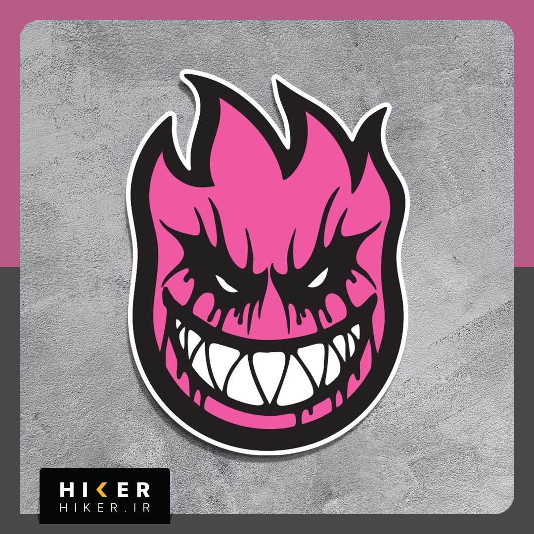 Hiker-Sticker-0775-01 برچسب فانتزی شعله آتش خشمگین و خندان با تم رنگی مشکی، صورتی مناسب برای تزیین اسکیتبورد، لپتاپ و ماشین، Spitfire