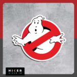 برچسب فانتزی و مینی‌مالیستی طرح لوگوی فیلم Ghostbusters با تم رنگی قرمز، سفید و مشکی مناسب برای تزیین لپ‌تاپ، کیس کامپیوتر، ماشین و اسکیت‌بورد.