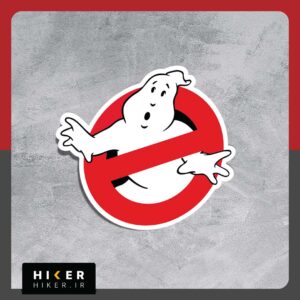 برچسب فانتزی و مینی‌مالیستی طرح لوگوی فیلم Ghostbusters با تم رنگی قرمز، سفید و مشکی مناسب برای تزیین لپ‌تاپ، کیس کامپیوتر، ماشین و اسکیت‌بورد.