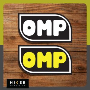 استیکر خوردو طرح لوگو OMP Racing با ترکیب رنگی زرد و مشکی مناسب برای تزیین بدنه ماشین، شیشه عقب خودرو، کلاه کاسکت و لپ‌تاپ.