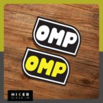 استیکر خوردو طرح لوگو OMP Racing با ترکیب رنگی زرد و مشکی مناسب برای تزیین بدنه ماشین، شیشه عقب خودرو، کلاه کاسکت و لپ‌تاپ.
