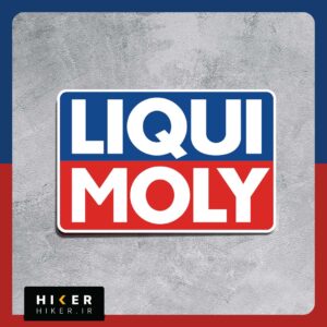 استیکر مستطیلی با حاشیه سفید حاوی لوگوی دو رنگ برند لیکومولی (Liqui Moly) با نوشته‌های سفید در پس‌زمینه بالایی آبی و پس‌زمینه پایینی قرمز مناسب برای تزیین بدنه و شیشه خودرو افرود.