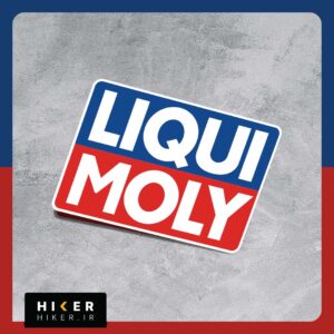 استیکر مستطیلی با حاشیه سفید حاوی لوگوی دو رنگ برند لیکومولی (Liqui Moly) با نوشته‌های سفید در پس‌زمینه بالایی آبی و پس‌زمینه پایینی قرمز مناسب برای تزیین بدنه و شیشه خودرو افرود.