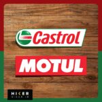 مجموعه دو عددی استیکر آفرودی شامل یک استیکر با نوشته قرمز Castrol و یک استیکر مستطیلی قرمز رنگ با نوشته سفید برند Motul مناسب برای بدنه ماشین و موتورسیکلت.