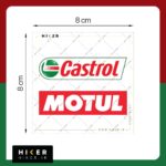 مجموعه دو عددی استیکر آفرودی شامل یک استیکر با نوشته قرمز Castrol و یک استیکر مستطیلی قرمز رنگ با نوشته سفید برند Motul مناسب برای بدنه ماشین و موتورسیکلت.