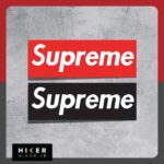 مجموعه دو عددی استیکر مستطیلی فانتزی طرح برند سوپریم حاوی نوشته کج و سفید Supreme با فونت ایتالیک؛ شامل یک نسخه با پس‌زمینه قرمز کلاسیک و یک نسخه با پس‌زمینه مشکی مینی‌مال.