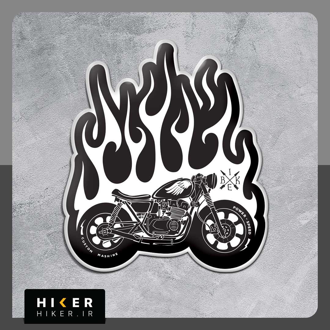 Hiker-Sticker-0799-01 استیکر موتورسیکلت کافه ریسر با طراحی شعلههای آتش، مناسب علاقهمندان به موتورسواری، موتورسیکلتهای کلاسیک، کافه ریسر و استایل وینتیج
