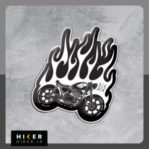 استیکر ژله ای با کیفیت موتورسیکلت کافه ریسر با طراحی شعله‌های آتش، مناسب علاقه‌مندان به موتورسواری، موتورسیکلت‌های کلاسیک، کافه ریسر و استایل وینتیج