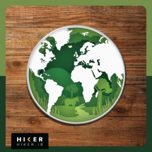 استیکر ژله ای محیط زیستی با طرح نقشه قاره‌های جهان و لایه‌های گرافیکی از طبیعت سبز، درختان و سایه‌روشن حیات‌وحش (شامل گوزن و خرگوش)، مناسب طبیعت‌گردان