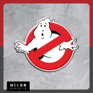 برچسب فانتزی ژله ای طرح لوگوی فیلم Ghostbusters با تم رنگی قرمز، سفید و مشکی مناسب برای تزیین لپ‌تاپ، کیس کامپیوتر، ماشین و اسکیت‌بورد.