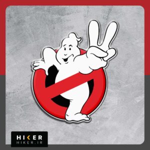 استیکر ژله ای ضد اب لوگوی نوستالژیک فیلم سینمایی شکارچیان روح ۲ (Ghostbusters II) شامل یک روح سفید خندان که از میان تابلوی ممنوعیت قرمز رنگ عبور کرده و با انگشتان خود علامت پیروزی (V) یا عدد دو را نشان می‌دهد.