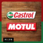 مجموعه دو عددی استیکر ژله ای آفرودی شامل یک استیکر با نوشته قرمز Castrol و یک استیکر مستطیلی قرمز رنگ با نوشته سفید برند Motul مناسب برای بدنه ماشین و موتورسیکلت.