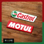 مجموعه دو عددی استیکر ژله ای آفرودی شامل یک استیکر با نوشته قرمز Castrol و یک استیکر مستطیلی قرمز رنگ با نوشته سفید برند Motul مناسب برای بدنه ماشین و موتورسیکلت.