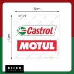 مجموعه دو عددی استیکر ژله ای آفرودی شامل یک استیکر با نوشته قرمز Castrol و یک استیکر مستطیلی قرمز رنگ با نوشته سفید برند Motul مناسب برای بدنه ماشین و موتورسیکلت.