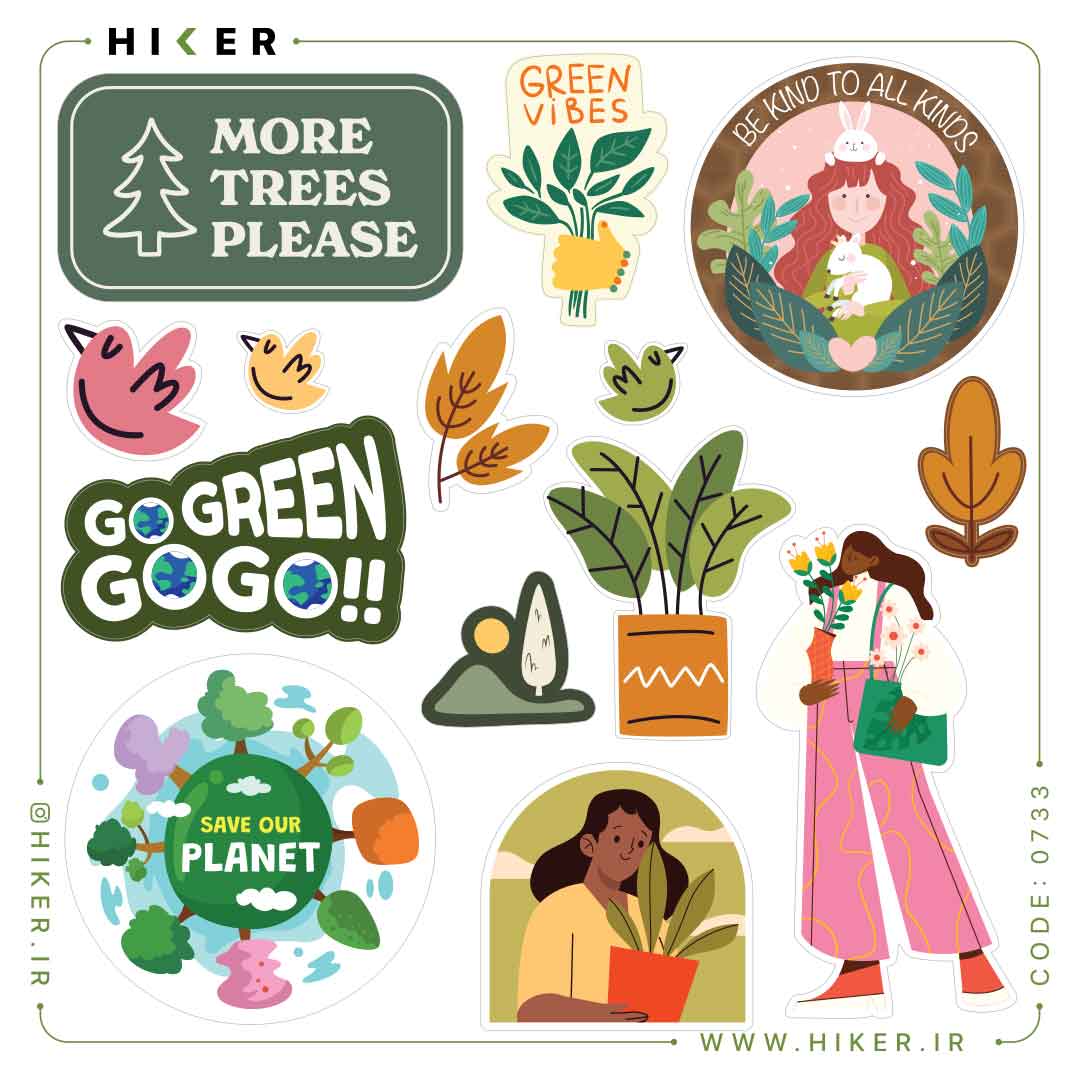Hiker-Sticker-Sheet-0733-01 استیکر شیت با موضوع محیط زیست، طبیعت و گل و دختر