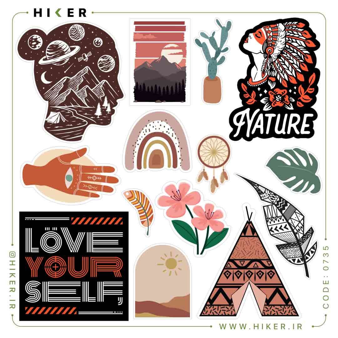 Hiker-Sticker-Sheet-0735-01 تصویر یک شیت استیکر با طرحهای متنوع الهامگرفته از طبیعت و سبک بوهو؛ شامل چهره با منظره کوه و سیارات، کوهستان، گلها، برگها، کاکتوس، دست نمادین، رنگینکمان، چادر سرخپوستی، پر تزئینی، و نوشتههای «Nature» و «Love Your Self»