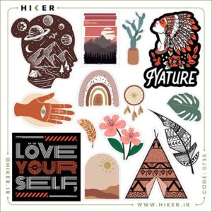 تصویر یک شیت استیکر با طرح‌های متنوع الهام‌گرفته از طبیعت و سبک بوهو؛ شامل چهره با منظره کوه و سیارات، کوهستان، گل‌ها، برگ‌ها، کاکتوس، دست نمادین، رنگین‌کمان، چادر سرخپوستی، پر تزئینی، و نوشته‌های «Nature» و «Love Your Self»