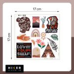 شیت استیکر با طرح‌های متنوع طبیعت و بوهو شامل کوهستان، گل، برگ، کاکتوس، چادر، نمادهای تزئینی و تایپوگرافی الهام‌بخش سایز ۱۷ سانتی‌متر