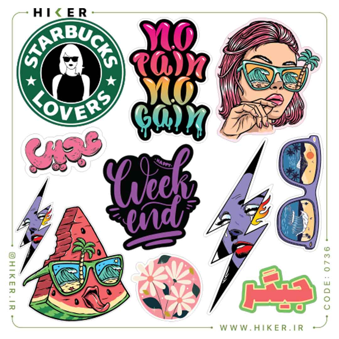 Hiker-Sticker-Sheet-0736-01 شیت استیکر فانتزی و پاپ با طرحهای تایپوگرافی رنگی، چهره کارتونی، عینک آفتابی، هندوانه، صاعقه، گل و نوشتههای انگلیسی و فارسی با حالوهوای شاد و جوانپسند
