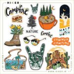 شیت استیکر با طرح‌های کمپینگ و طبیعت‌گردی شامل جنگل، قهوه کمپ، کفش کوهنوردی و المان‌های سفر