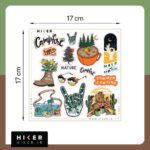 شیت استیکر خاص با طرح‌های کمپینگ و طبیعت‌گردی شامل جنگل، قهوه کمپ، کفش کوهنوردی و المان‌های سفر سایز ۱۷ در ۱۷ سانتیمتر