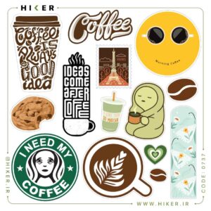 شیت استیکر با کیفیت قهوه با لیوان کافی، دانه قهوه، کوکی، ماچا و نوشته‌های مرتبط با کافه