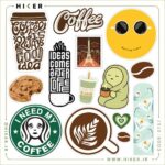 شیت استیکر با کیفیت قهوه با لیوان کافی، دانه قهوه، کوکی، ماچا و نوشته‌های مرتبط با کافه