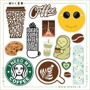 شیت استیکر با کیفیت قهوه با لیوان کافی، دانه قهوه، کوکی، ماچا و نوشته‌های مرتبط با کافه